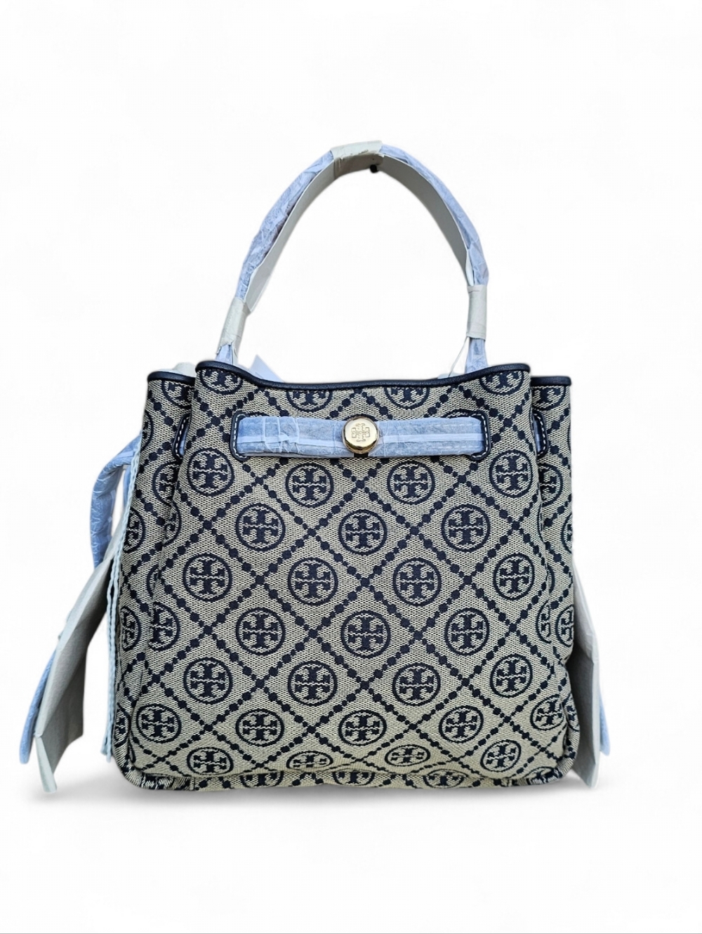Tory Burch Blue and Ivory Logo Jacquard Tote NWOT